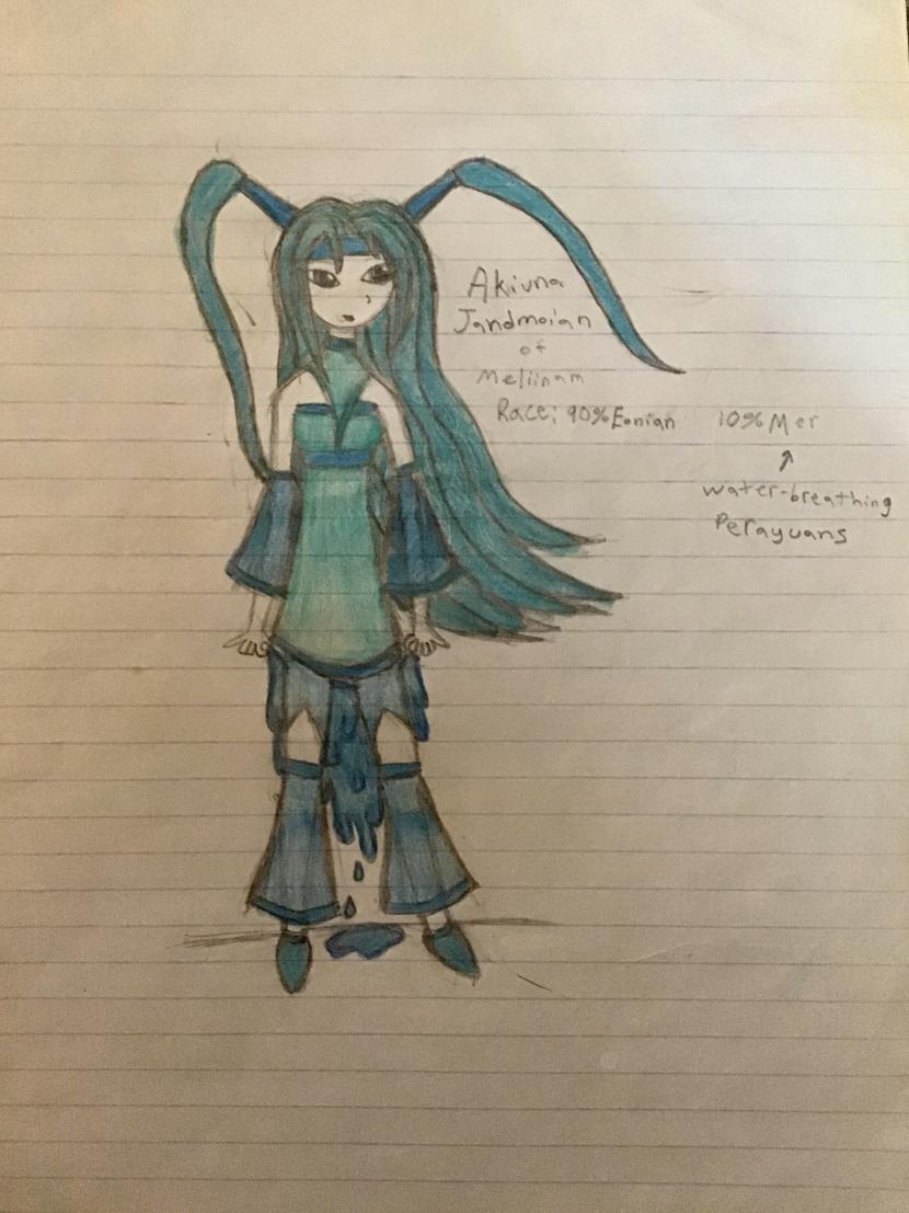 A woman with blue skin and long turquoise hair using water magic, drawn in colored pencil